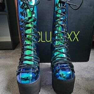 Size 9 Club Exx Holographic Iridescent Platform Chunky Lace-Up Boots